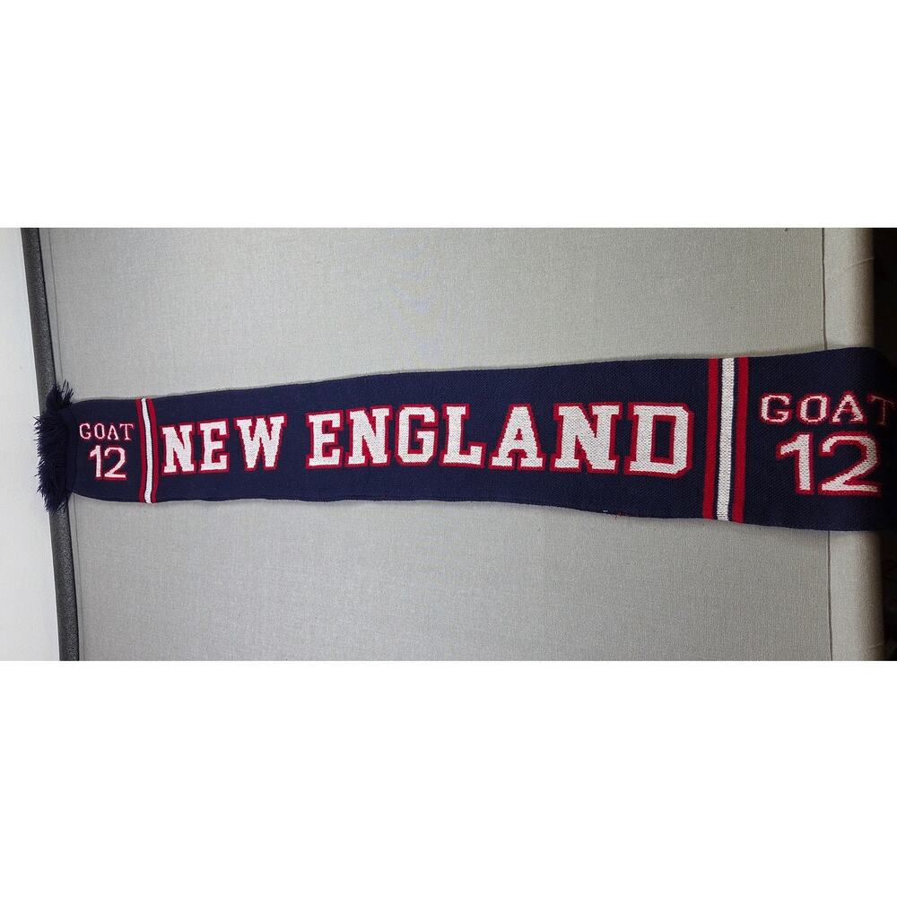 New England Patriots GOAT 12 Tom Brady Knit Fringe Scarf 58 Inch NFL Blue